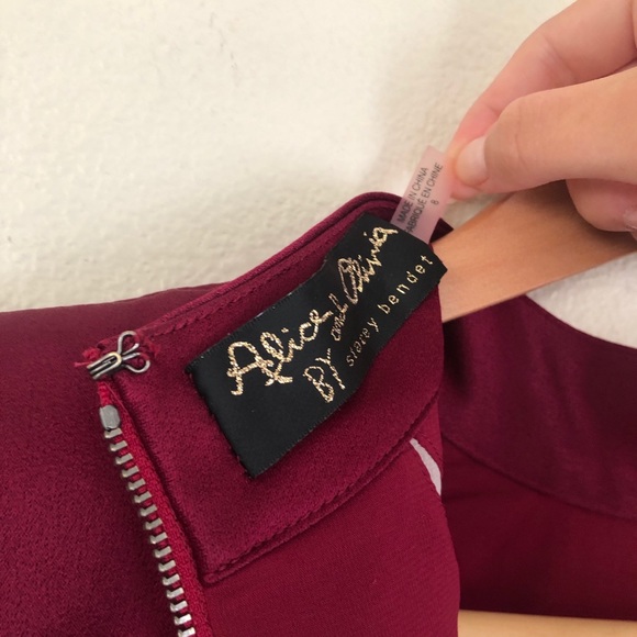 ALICE + OLIVIA Charita Satin Mesh Mock Neck Long Sleeve Gown in Bordeaux Red - Picture 7 of 7